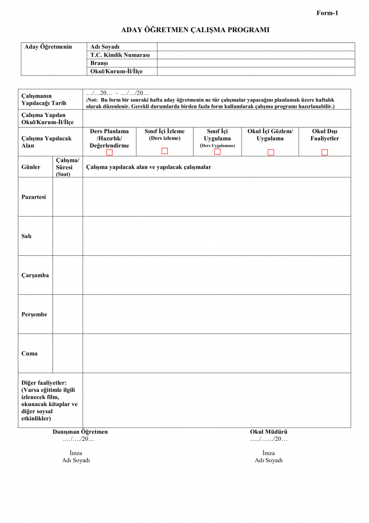 Form 1 - Aday Öğretmen Yetiştirme Programı