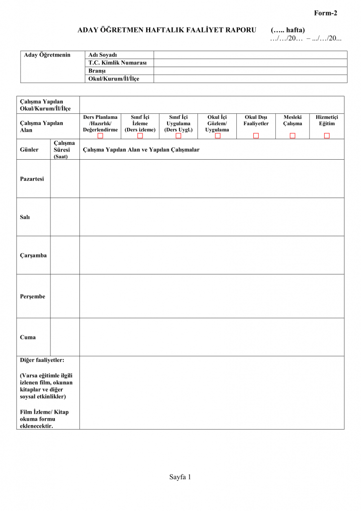 Form 2 - Aday Öğretmen Haftalık Faaliyet Raporu