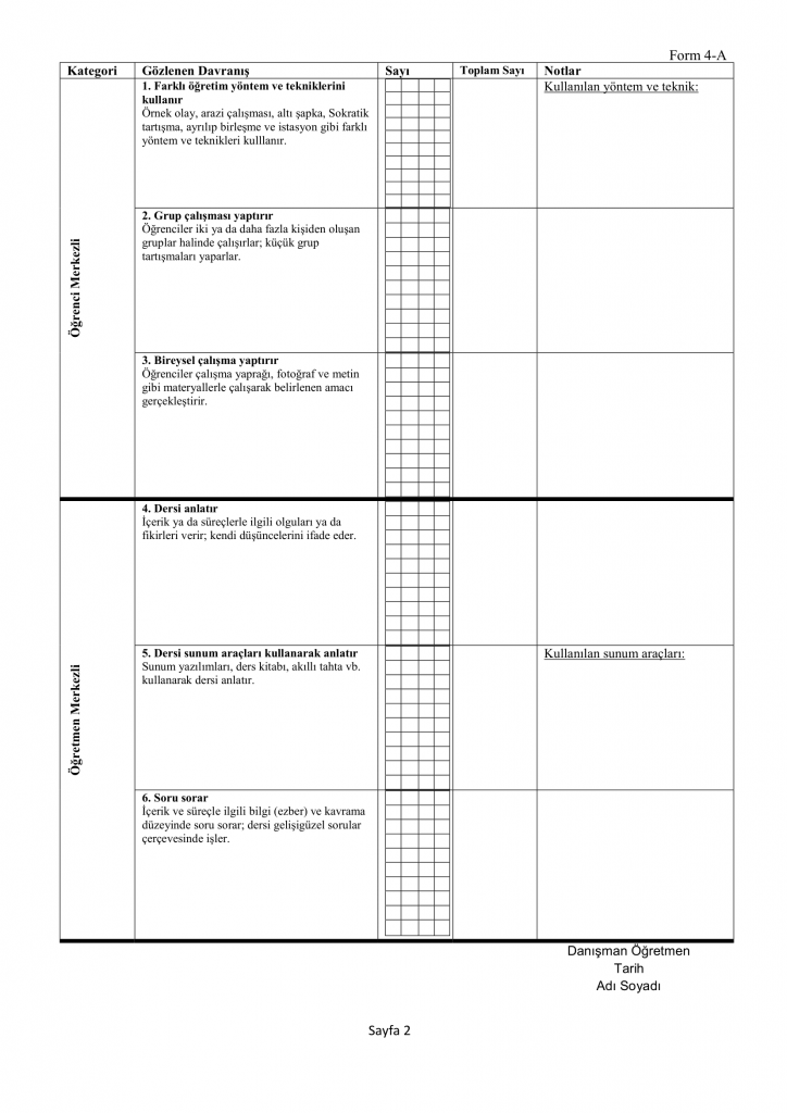 Form 4-A Aday Öğretmen Ders İçi Uygulama Gözlem Formu