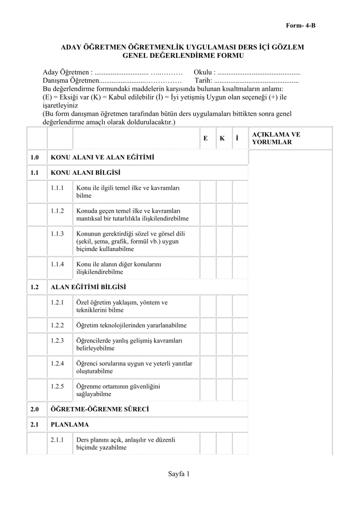 Form 4-B Aday Öğretmen Öğretmenlik Uygulaması Ders İçi Gözlem Genel Değerlendirme Formu