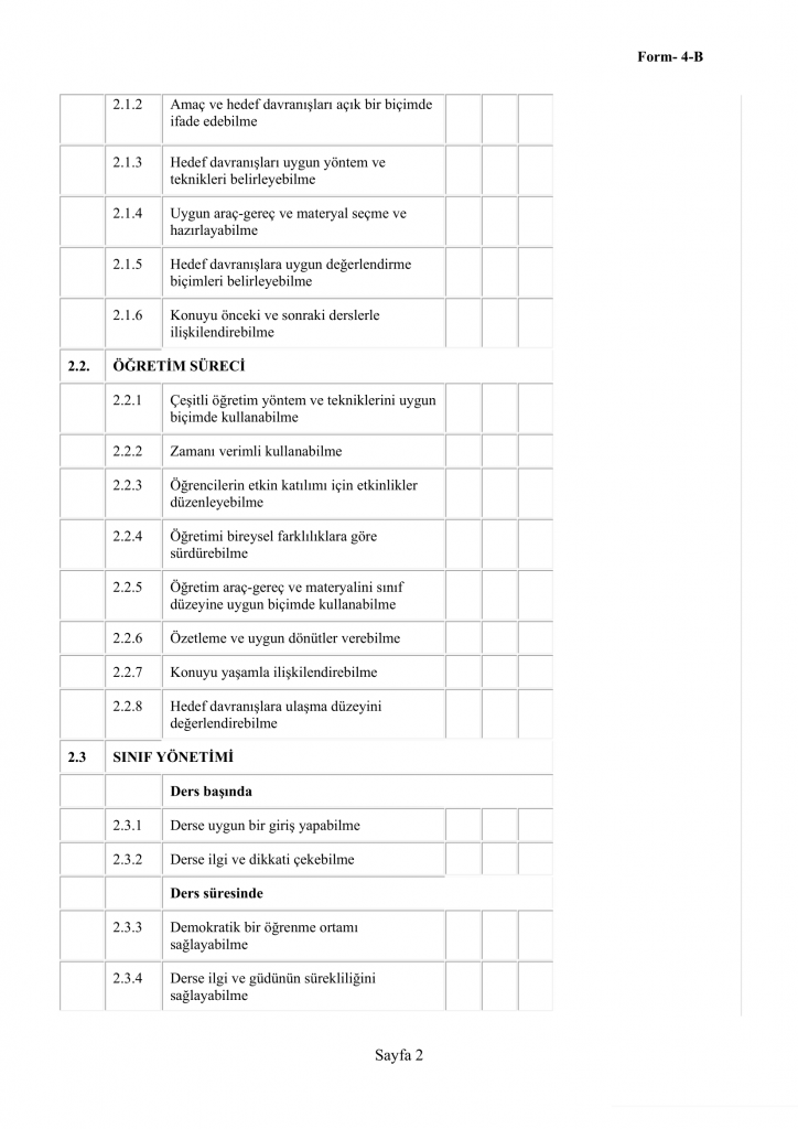 Form 4-B Aday Öğretmen Öğretmenlik Uygulaması Ders İçi Gözlem Genel Değerlendirme Formu