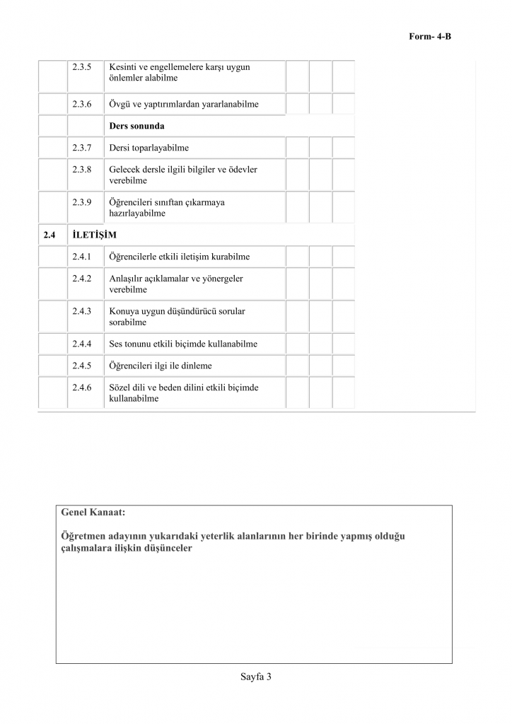 Form 4-B Aday Öğretmen Öğretmenlik Uygulaması Ders İçi Gözlem Genel Değerlendirme Formu